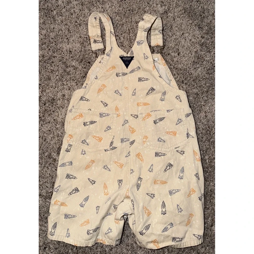 OshKosh B'gosh 24M Rocket Print Shortalls Cream/beige‎ Orange Blue